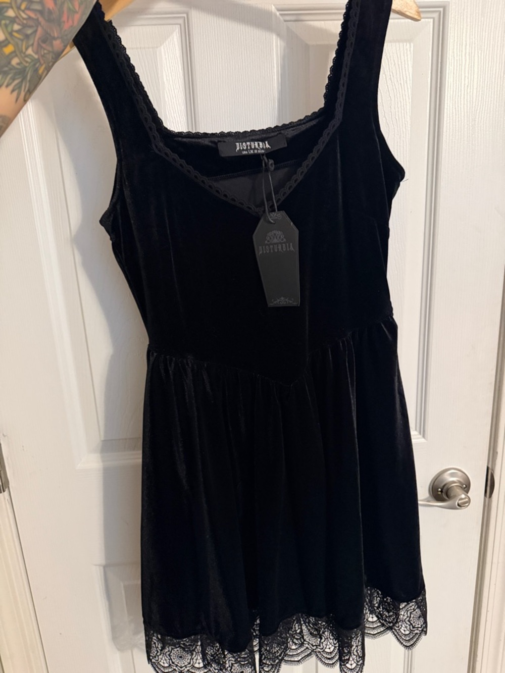 Distressed Black Velvet Lace-Hem Dress by Disturbia